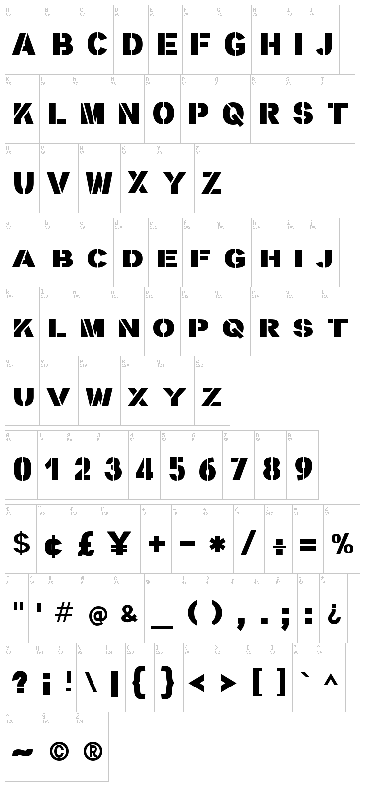 Stencilla font map