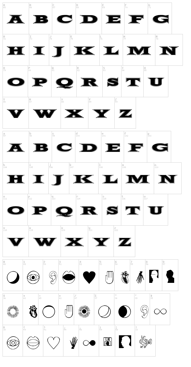 Fifty Two Letters font map