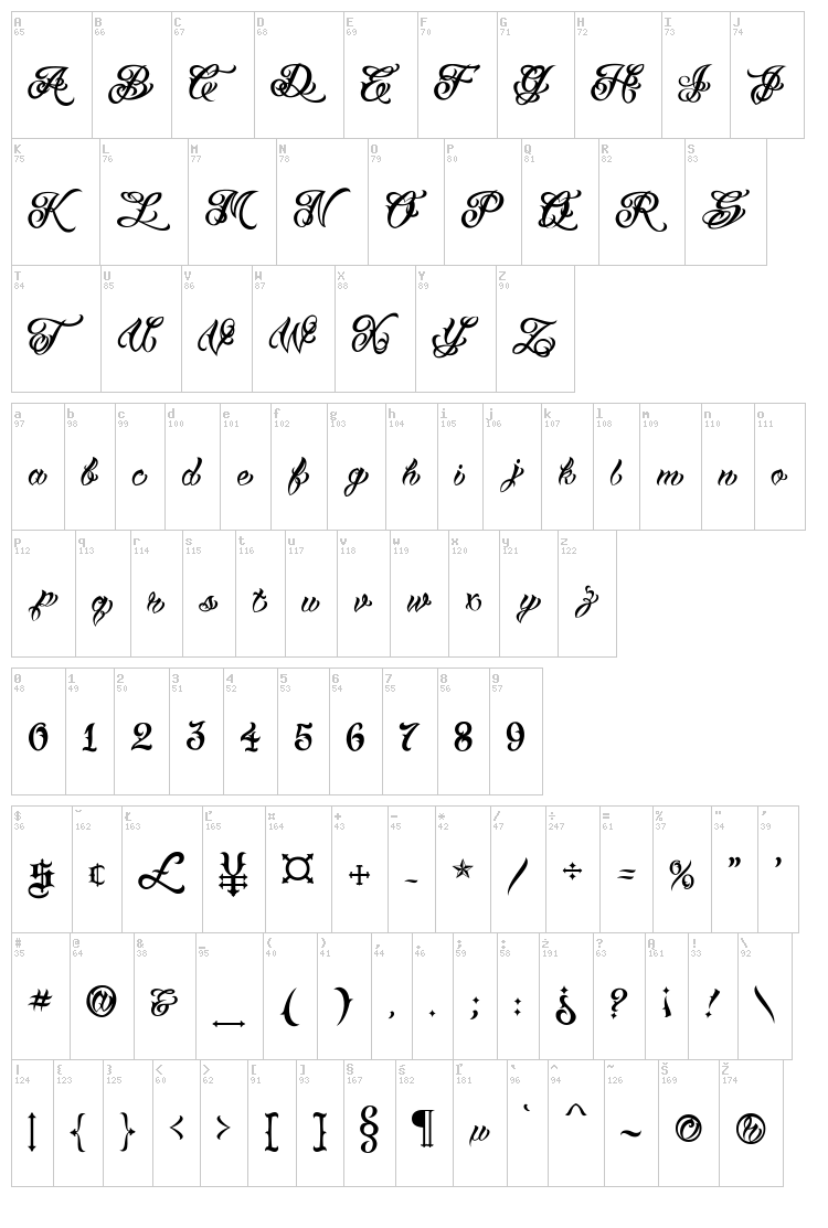VTC Tattoo Script Two font map