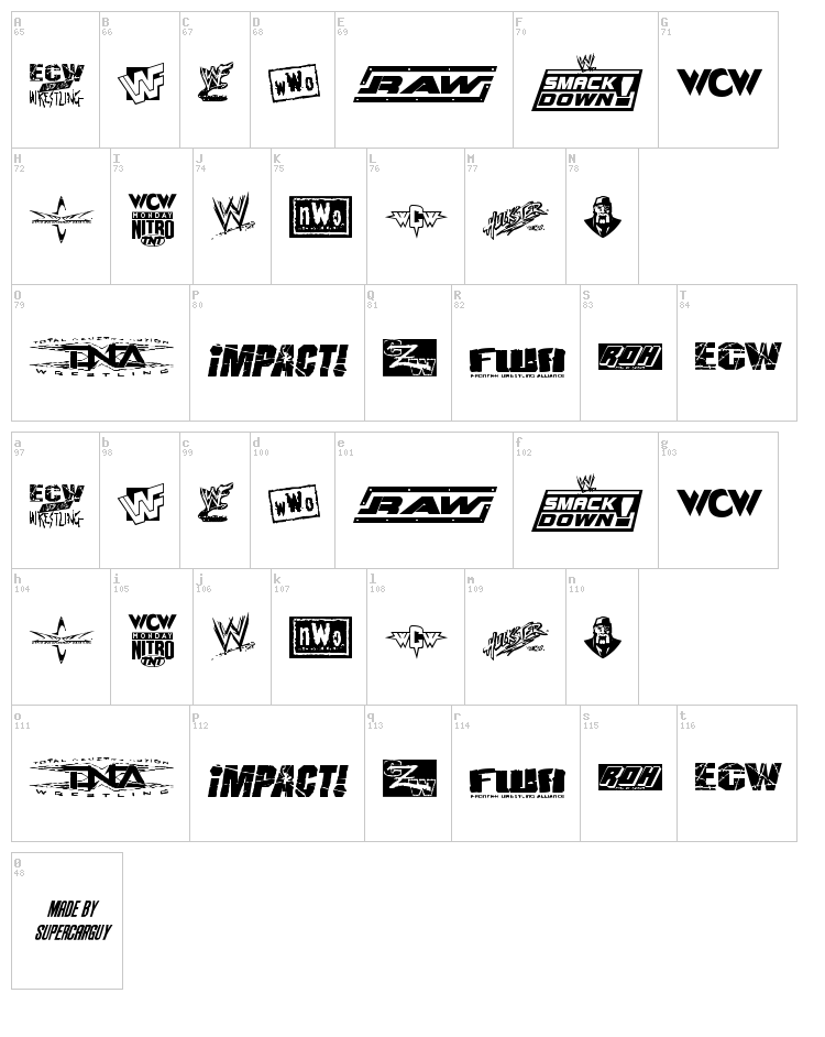 Pro Wrestling Logos font map