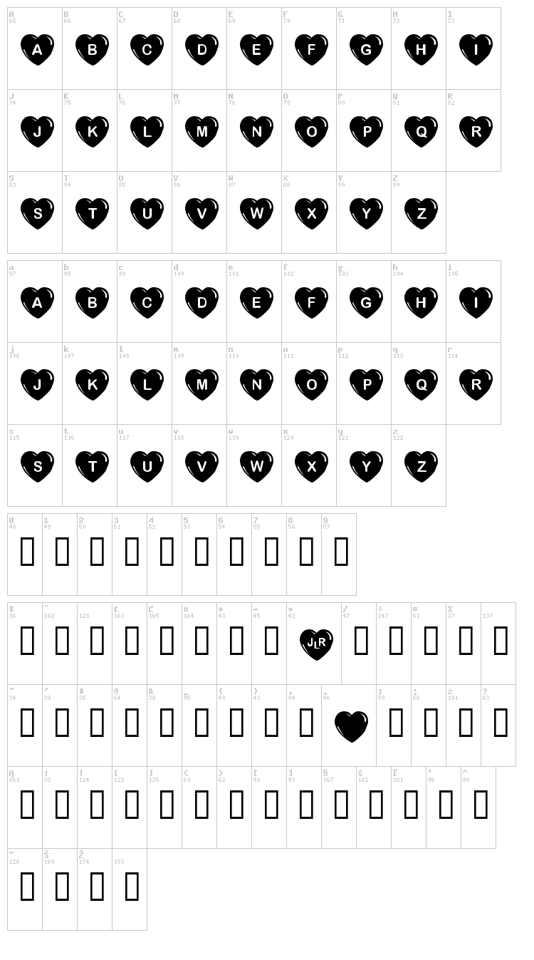 JLR Simple Hearts font map