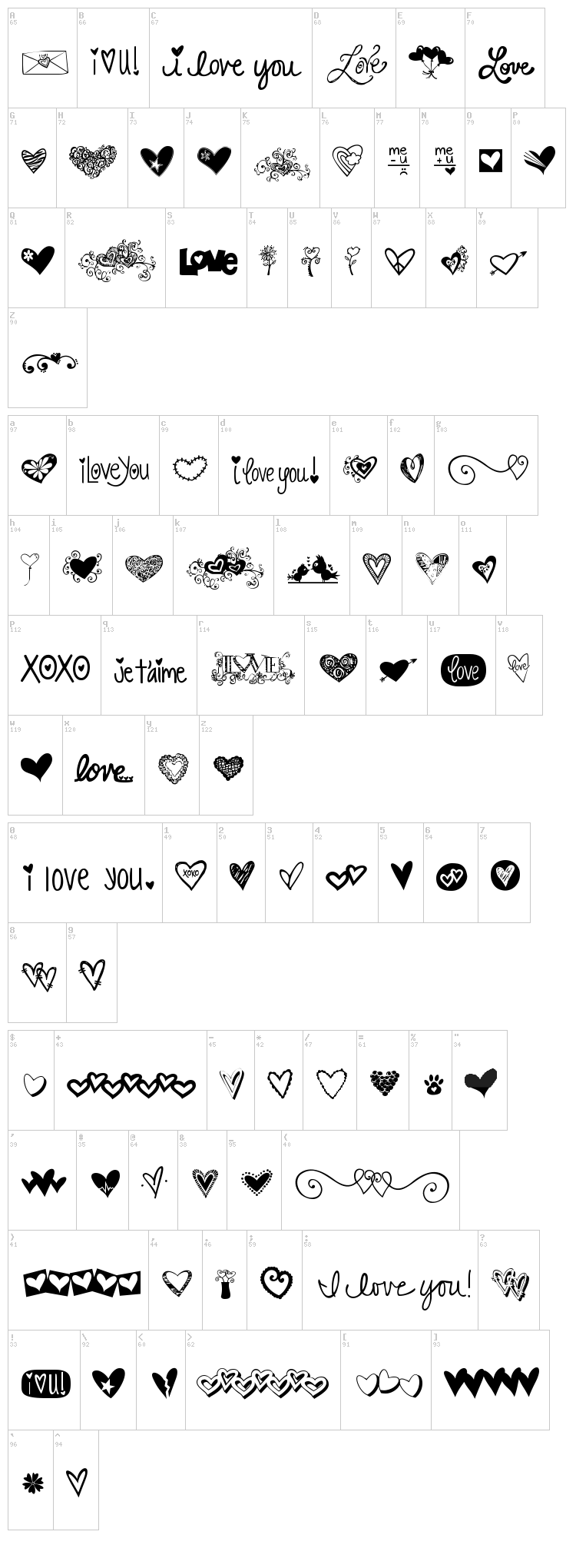 KG Heart Doodles font map