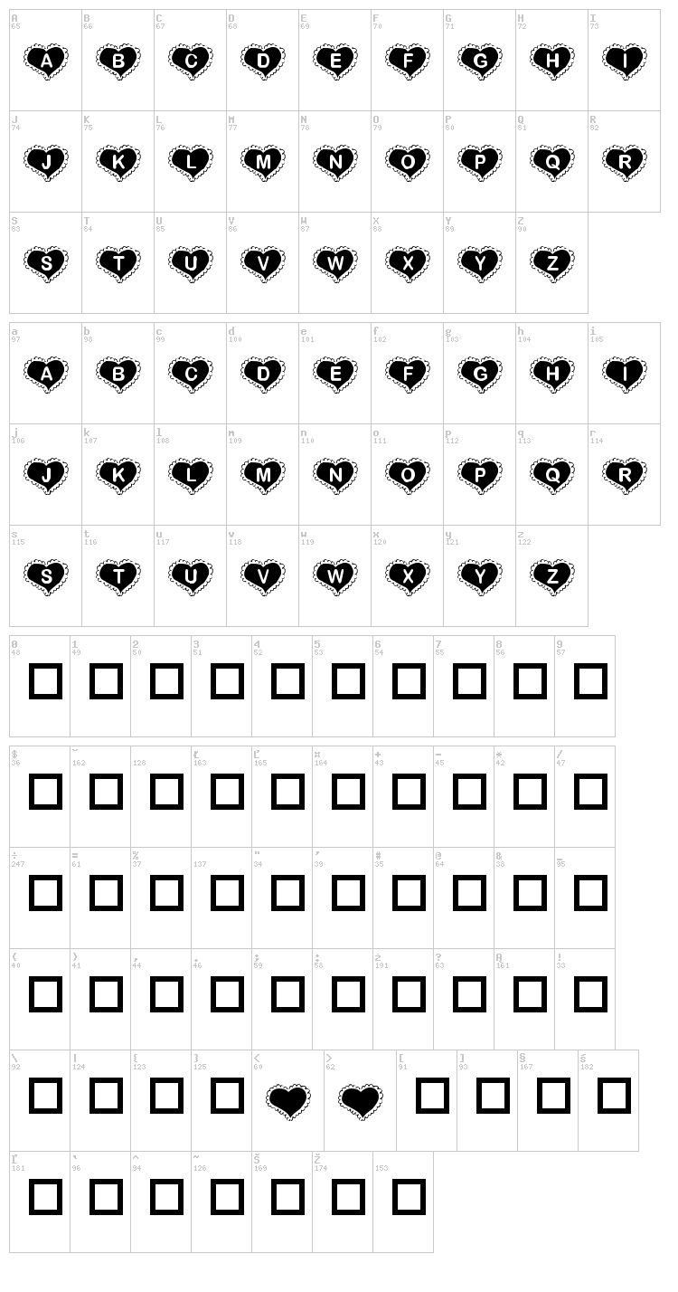 KR Valentine Heart font map