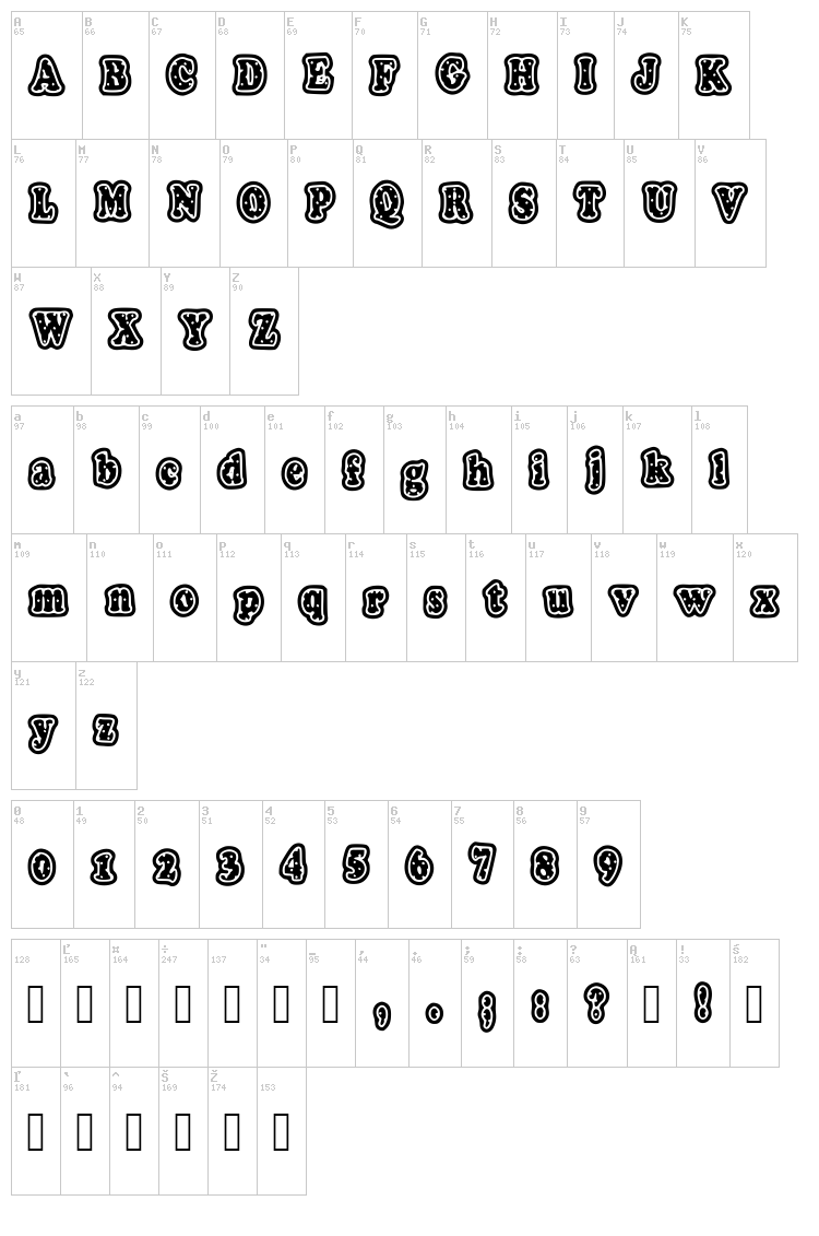 Polka Letter Stamp font map