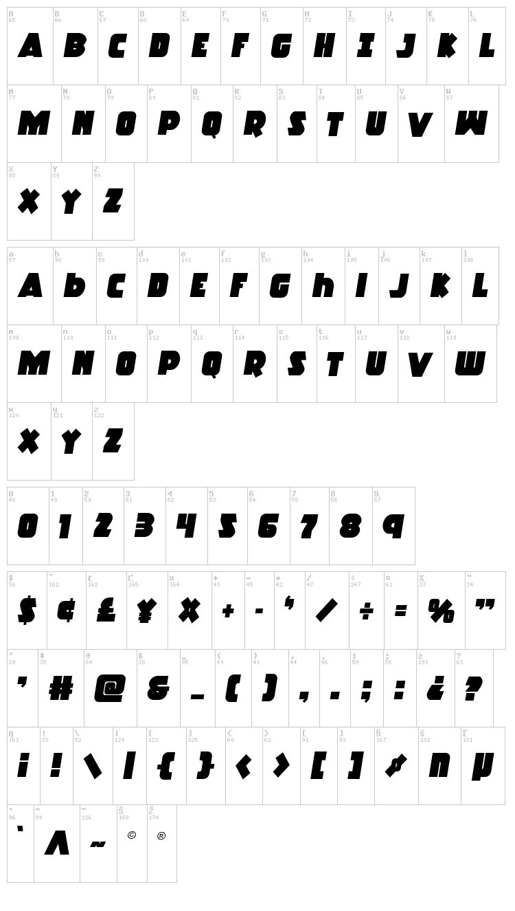 Racket Squad font map