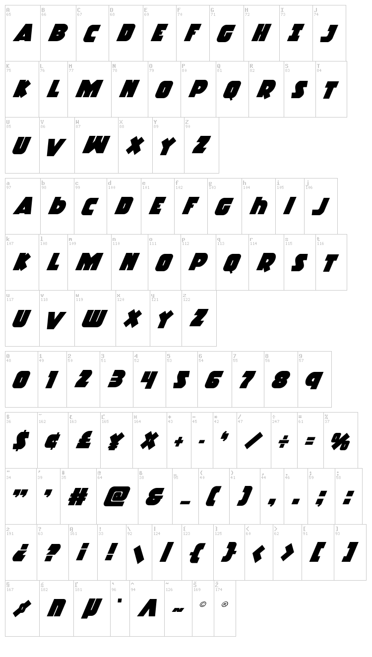 Racket Squad font map