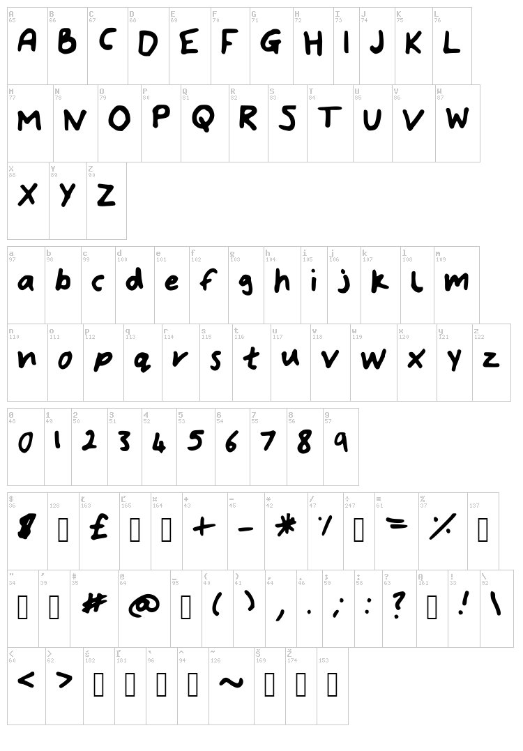 Bryonys Handwriting Bold font map