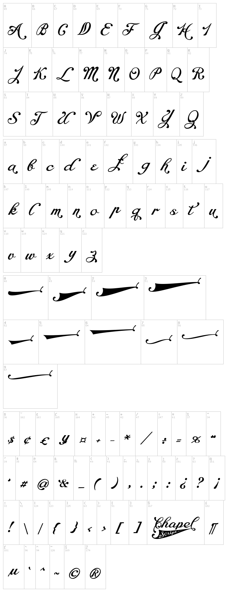 Chapel Script font map