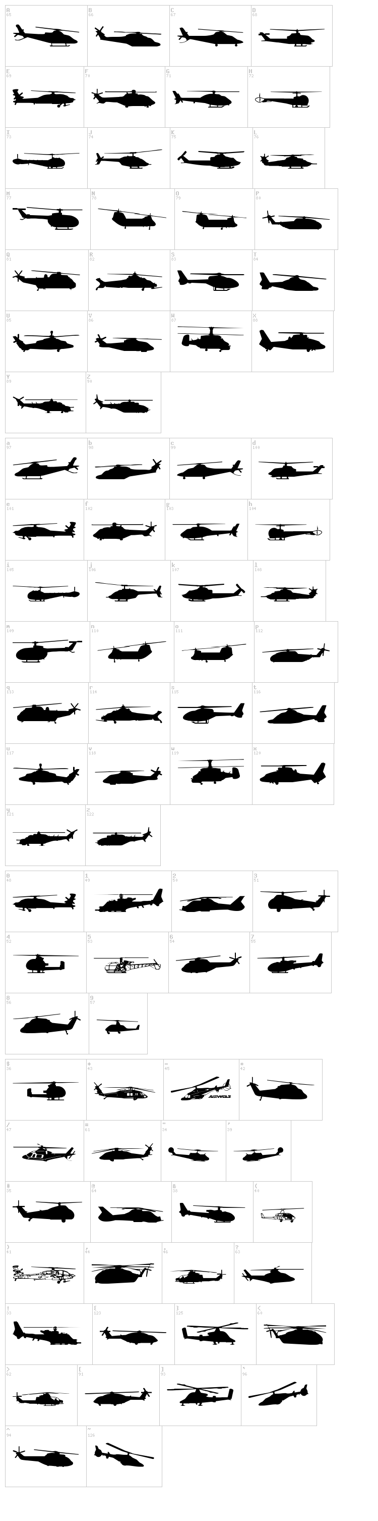Hello Copters font map