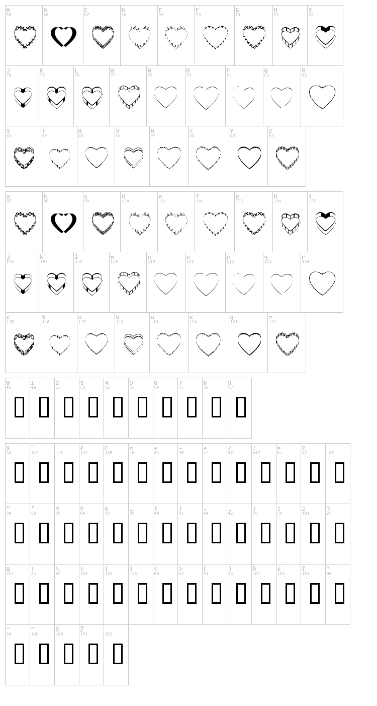 4YEOhearts font map
