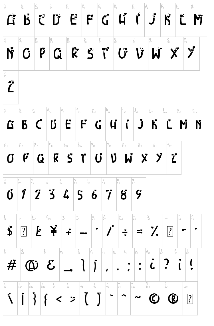 Heart Explosion font map